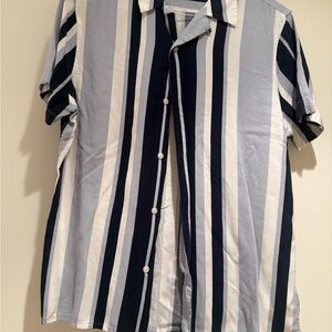 Express Men's Navy and White Striped Casual Shirt